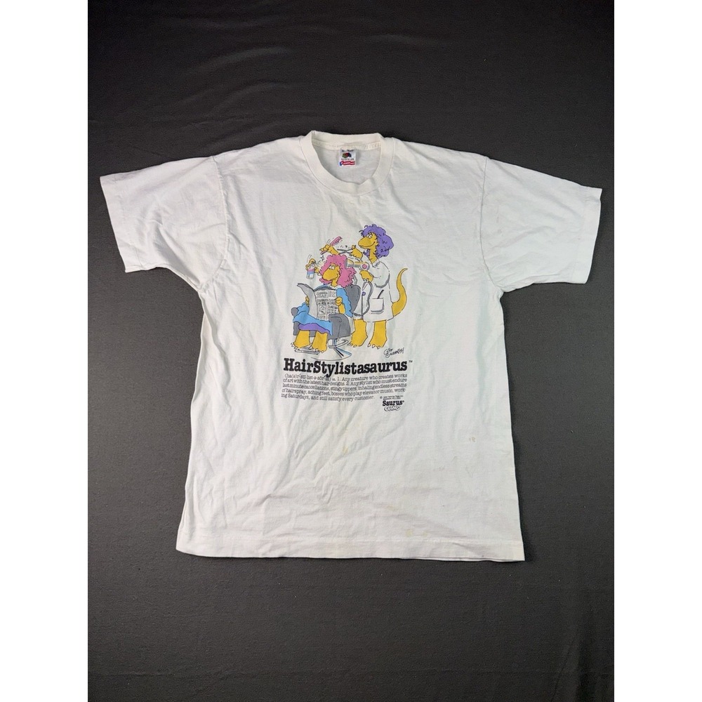 Vintage 90s Cliff Galbraith Hairstylistasaurus Single Stitch T-Shirt XL White